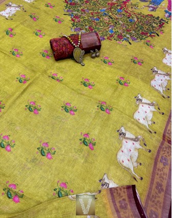 Pichwai Linen saree-VLNP-2277