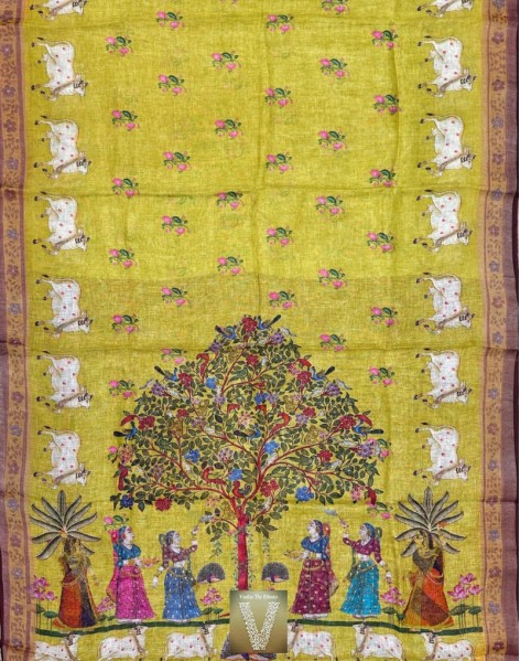 Pichwai Linen saree-VLNP-2277