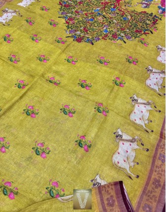 Pichwai Linen saree-VLNP-2277