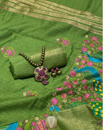 Olive green jute silk saree-VJSS-1643